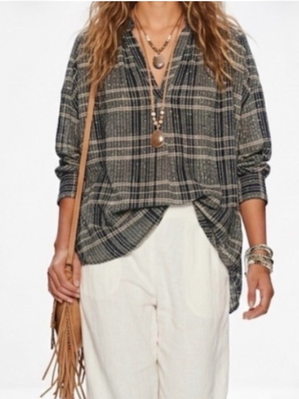 Like New✵☽Free People☾✵ Black Long Plaid Gold V Pullover Blouse | Oversized XS